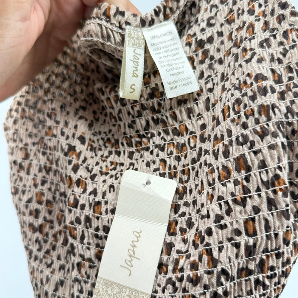 Japna Jumpsuit Leopard Print Smocked Small Brown Womens Boho Animal Print NWT